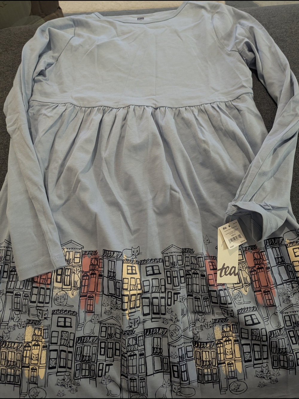 Tea Collection Light Blue Long-Sleeve Dress with Cityscape Print